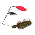 Fishing lure with red blade and green body on a white background