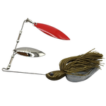 Fishing lure with red blade and green and silver body on a white background